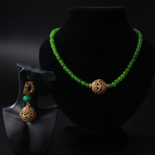 Natural Green Agate Dragon Totem Beads Necklace and Earrings Set | Himalayan Royal Style