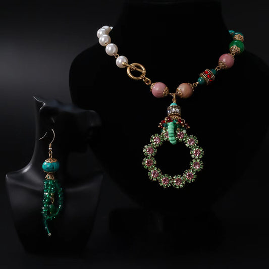 Mixed Gemstone Floral Wreath Necklace & Earrings Set | Sparkling Elegance