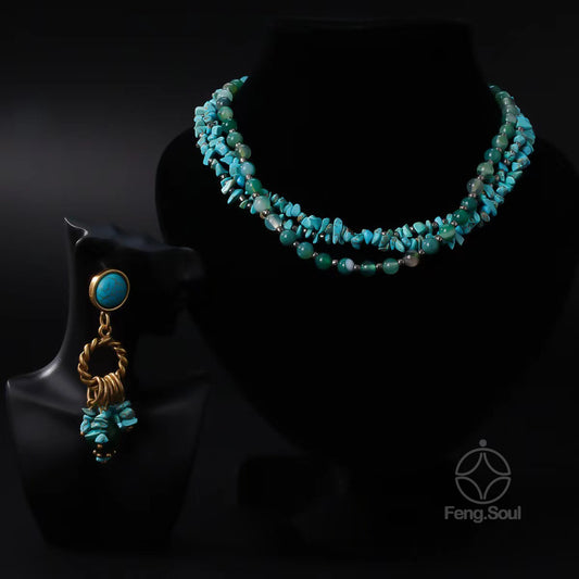 Multi-Layered Natural Turquoise Handmade Necklace & Earrings Set | Himalayan Artisan Craft