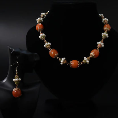 Natural Agate and Pearl Necklace & Earrings Set | Timeless Grace