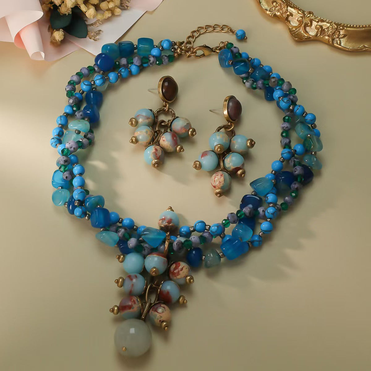 Natural Agate & Imperial Stone Tassel Necklace and Earrings Set | Regal Elegance