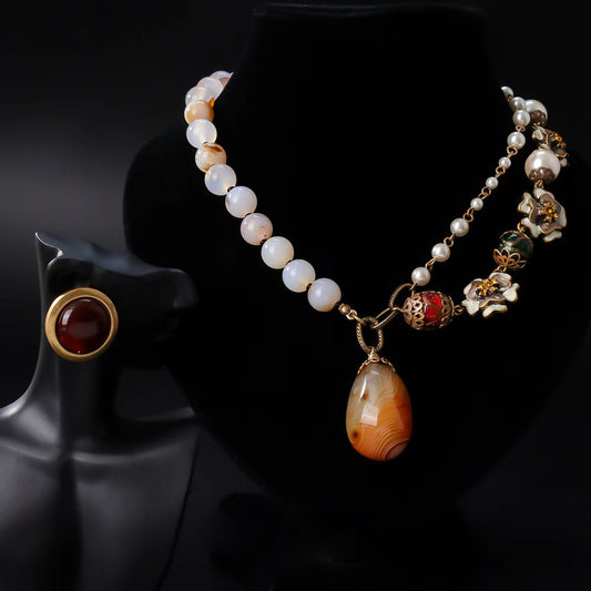 Floral Agate and Glaze Necklace & Earrings Set | Natural Elegance