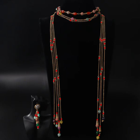 Natural Agate Beads Multi-Layer Long Tassel Necklace & Earrings Set | Himalayan Elegance