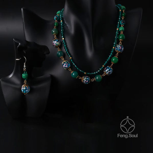 Double-Layered Design Old Glaze Handmade Necklace & Earrings Set | Timeless Craftsmanship