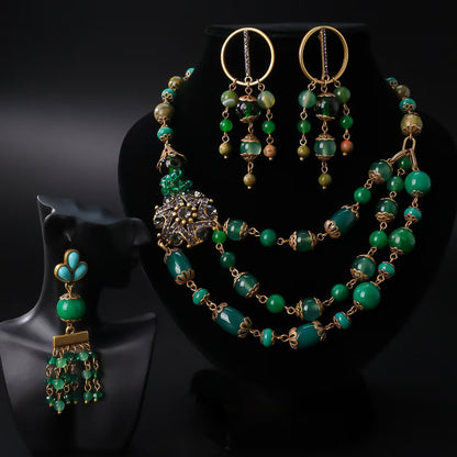 Vintage Gold Floral Necklace & Earrings Set | Emerald Agate with Sparkling Accents