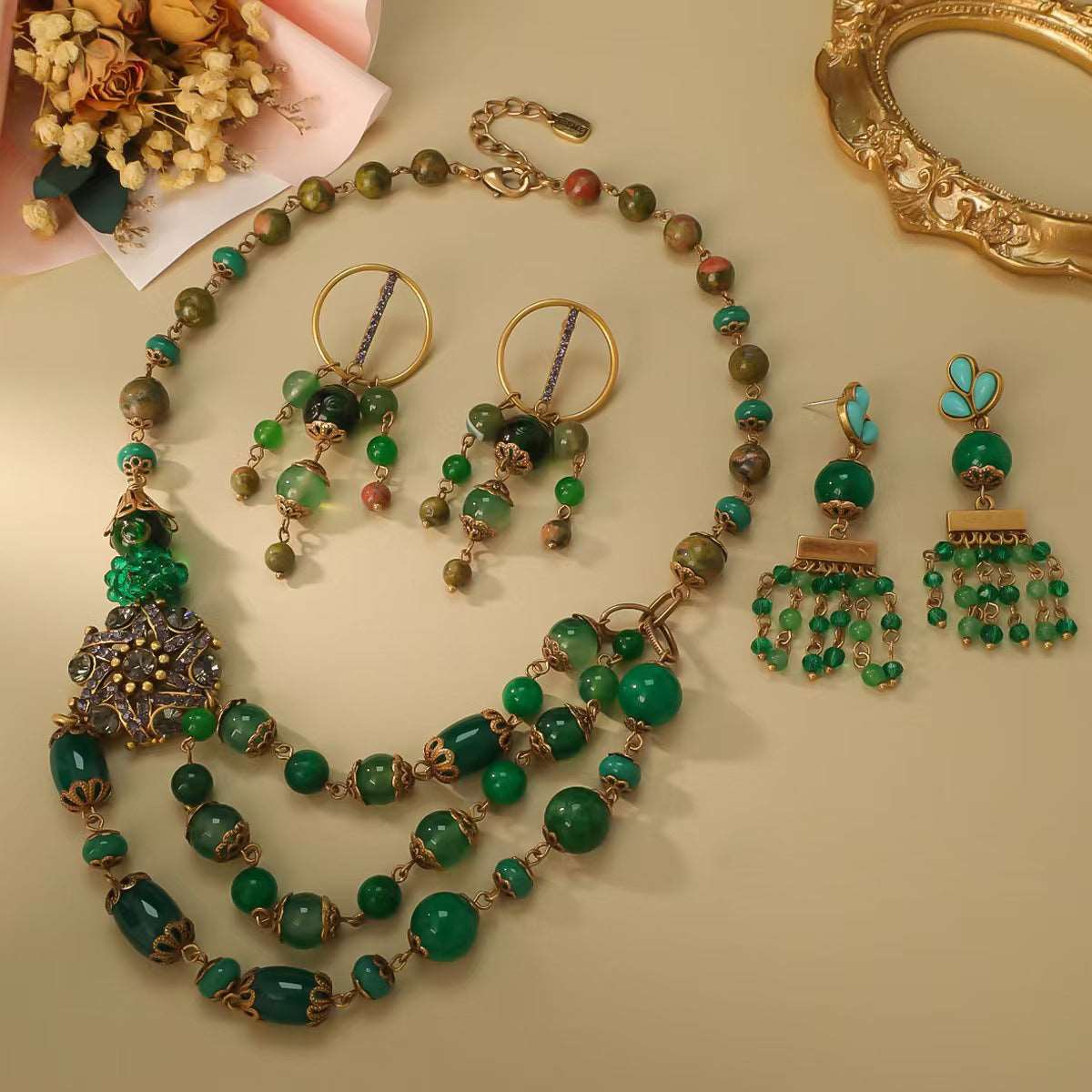 Vintage Gold Floral Necklace & Earrings Set | Emerald Agate with Sparkling Accents