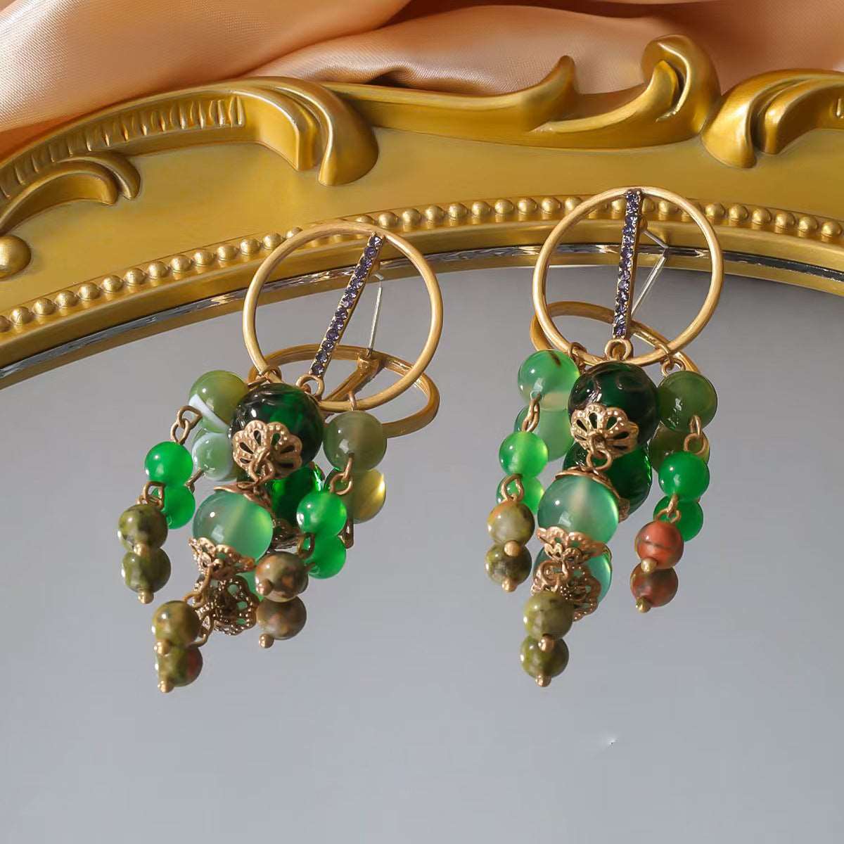 Vintage Gold Floral Necklace & Earrings Set | Emerald Agate with Sparkling Accents