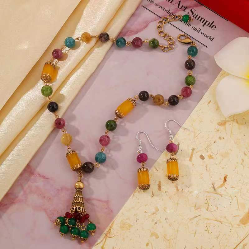 Natural Multicolored Tourmaline Himalayan Style Necklace & Earrings Set | Vibrant Elegance