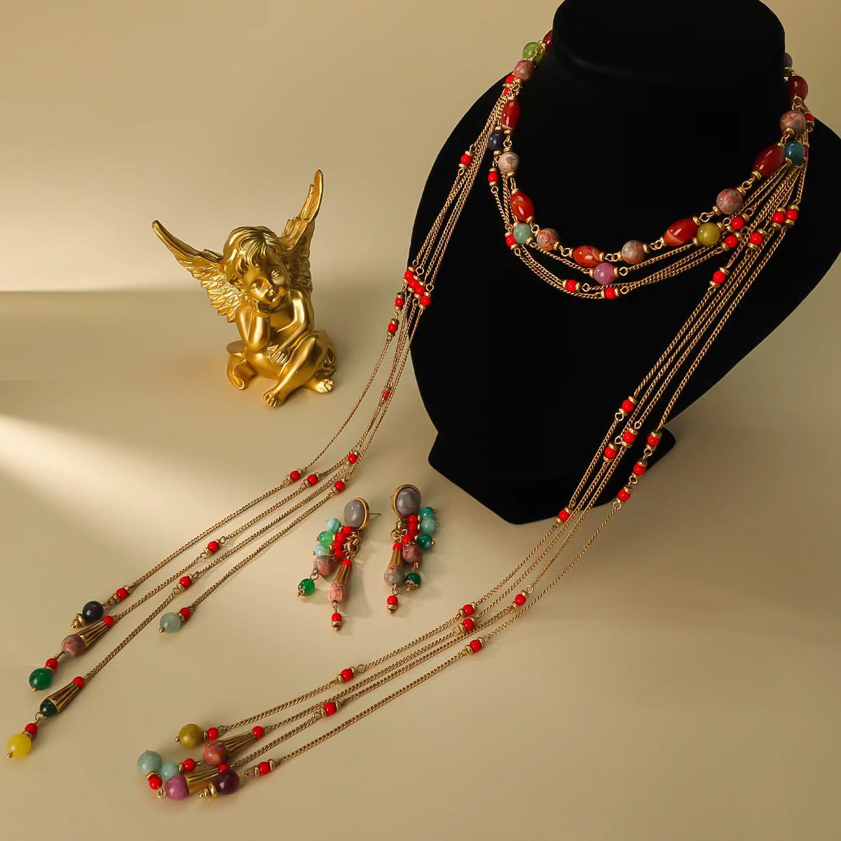 Natural Agate Beads Multi-Layer Long Tassel Necklace & Earrings Set | Himalayan Elegance