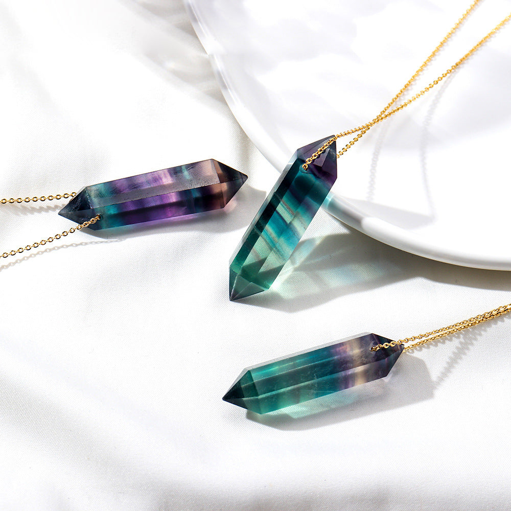 Natural Purple Rainbow Fluorite Double-Terminated Hexagonal Pendant | Crystal Point Necklace