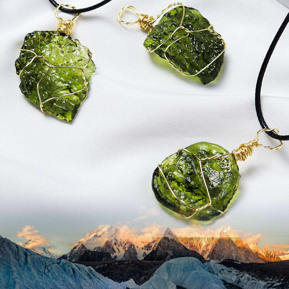 Himalayan Green Meteorite Pendant Necklace | Handcrafted Energy Crystal with Gold Wire Wrap