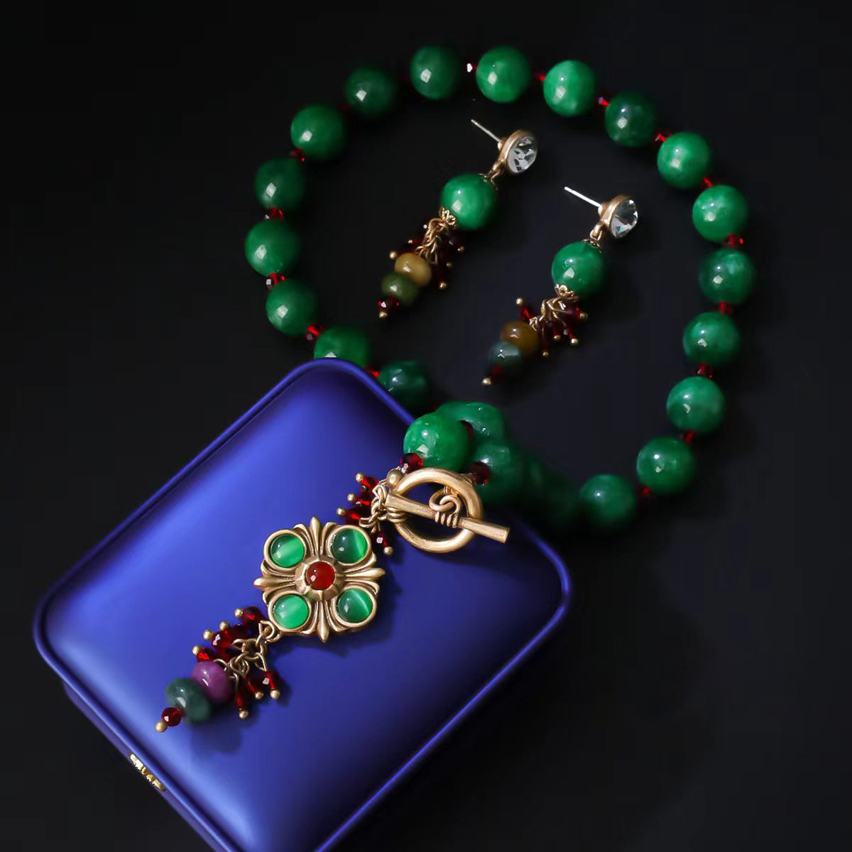 Himalayan Royal Green Agate Beaded Necklace & Earrings Set | Timeless Elegance