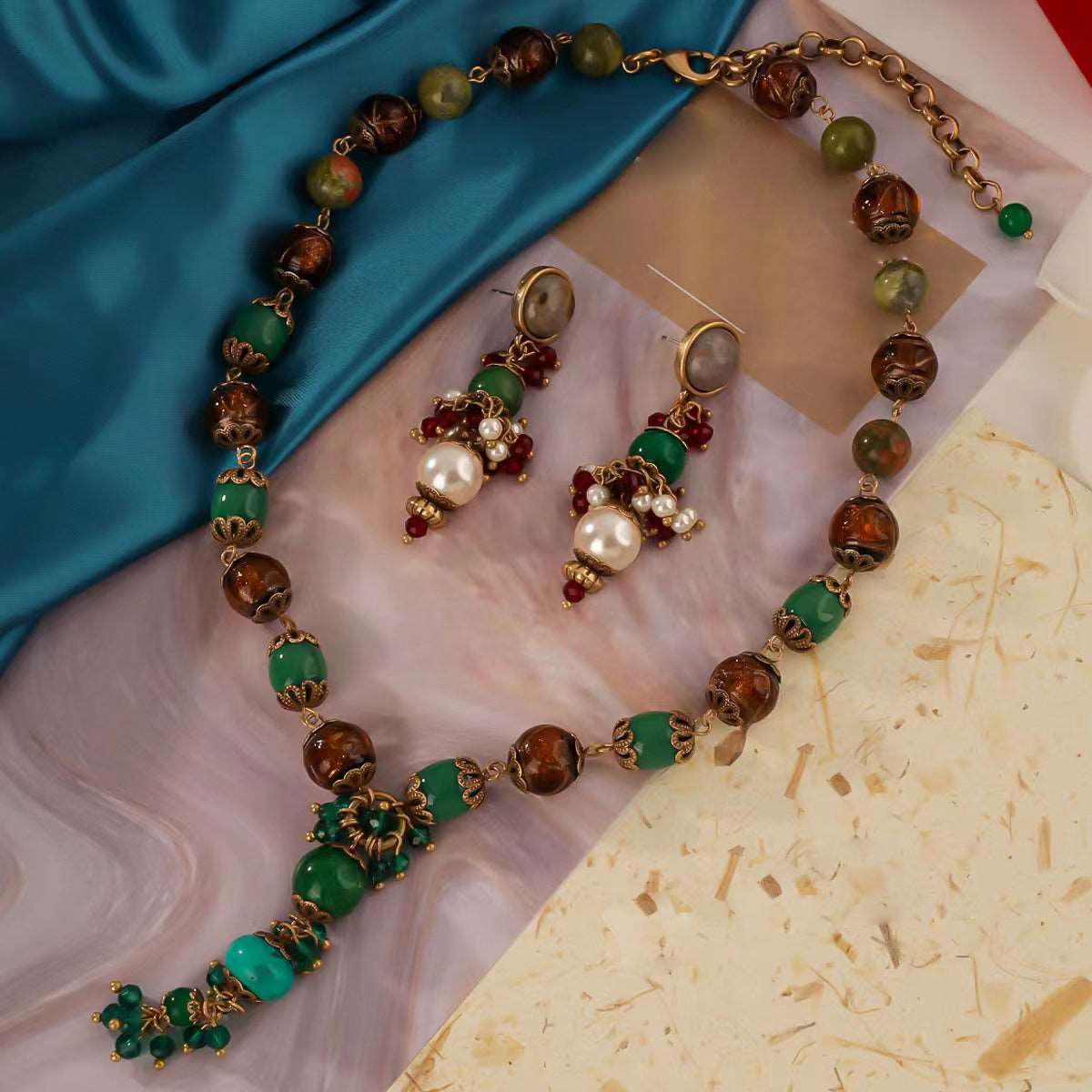 Agate, Glaze, and Turquoise Necklace & Earrings Set | Himalayan Royal Court Elegance