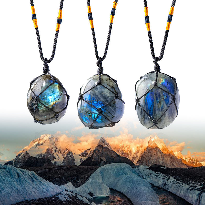 Handwoven Natural Labradorite Moonstone Pendant Necklace | Crystal Net Design