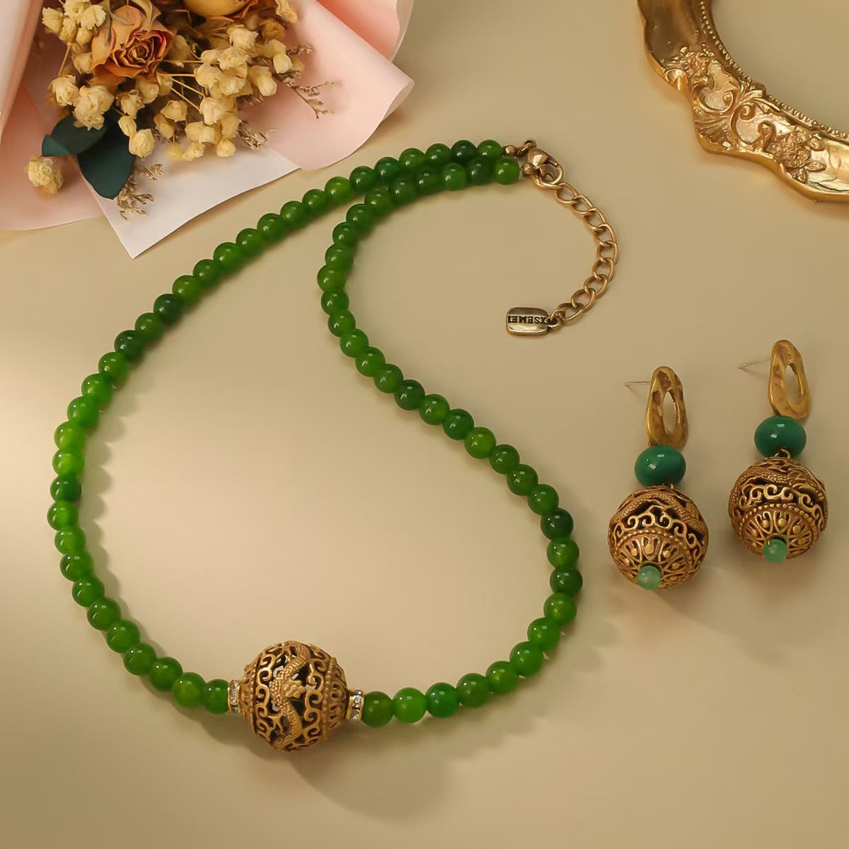 Natural Green Agate Dragon Totem Beads Necklace and Earrings Set | Himalayan Royal Style