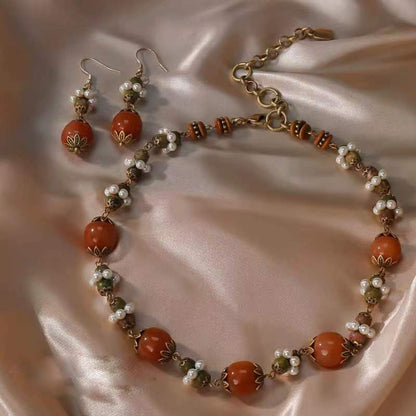 Natural Agate and Pearl Necklace & Earrings Set | Timeless Grace