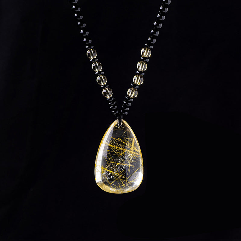 Natural Golden Rutilated Quartz & Obsidian Bead Pendant Necklace | Wealth Bowl Talisman