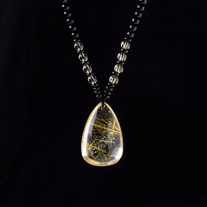 Natural Golden Rutilated Quartz & Obsidian Bead Pendant Necklace | Wealth Bowl Talisman