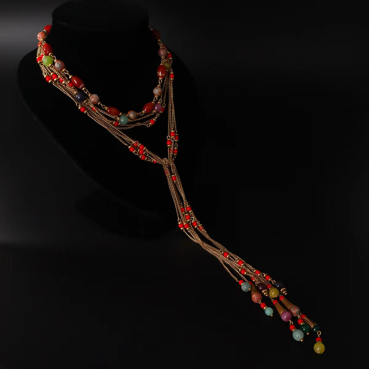 Natural Agate Beads Multi-Layer Long Tassel Necklace & Earrings Set | Himalayan Elegance