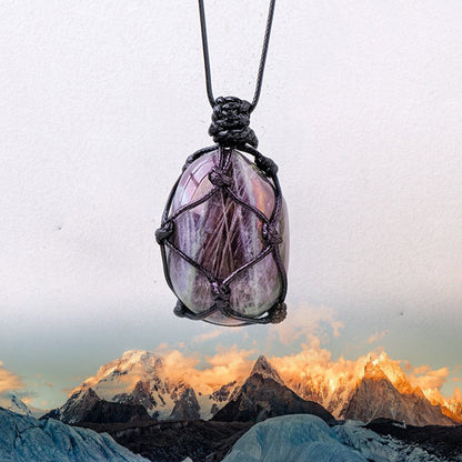 Natural Purple Glow Amethyst Raw Stone Handwoven Net Pendant | Crystal Necklace