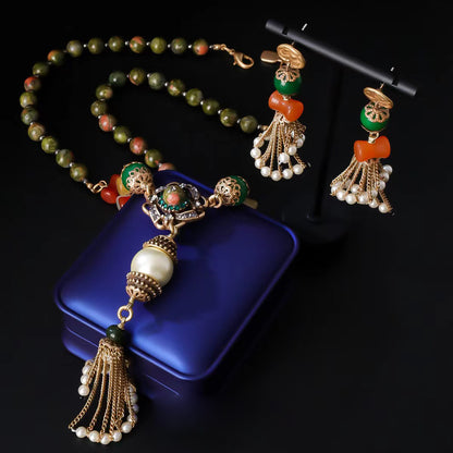 Handcrafted Natural Stone Tassel Necklace & Earrings Set | Timeless Elegance