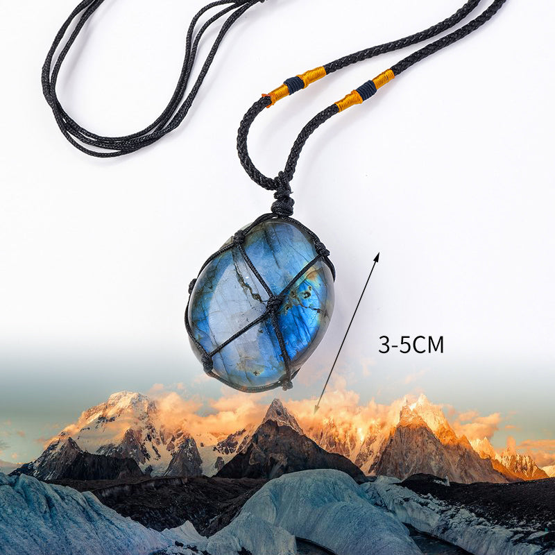 Handwoven Natural Labradorite Moonstone Pendant Necklace | Crystal Net Design