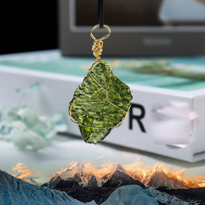 Himalayan Green Meteorite Pendant Necklace | Handcrafted Energy Crystal with Gold Wire Wrap