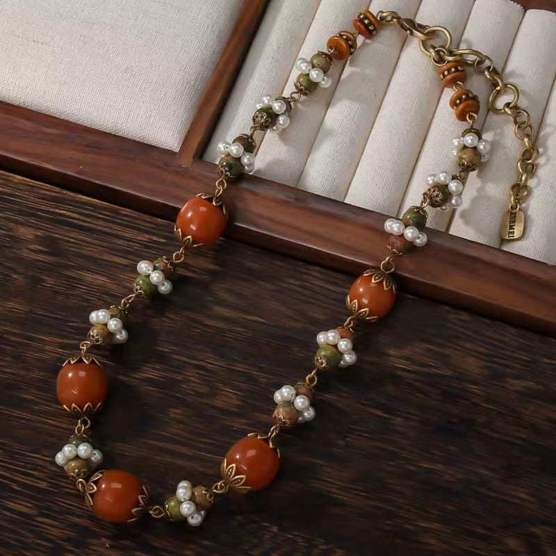 Natural Agate and Pearl Necklace & Earrings Set | Timeless Grace