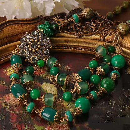 Vintage Gold Floral Necklace & Earrings Set | Emerald Agate with Sparkling Accents