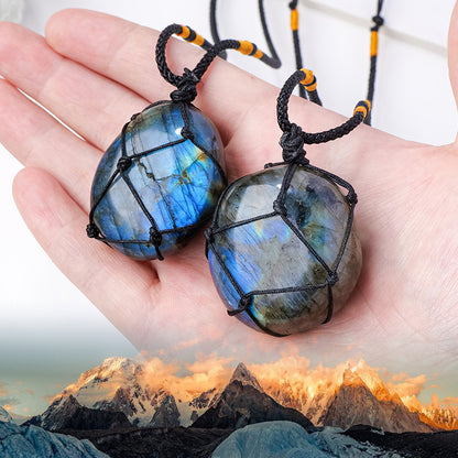 Handwoven Natural Labradorite Moonstone Pendant Necklace | Crystal Net Design