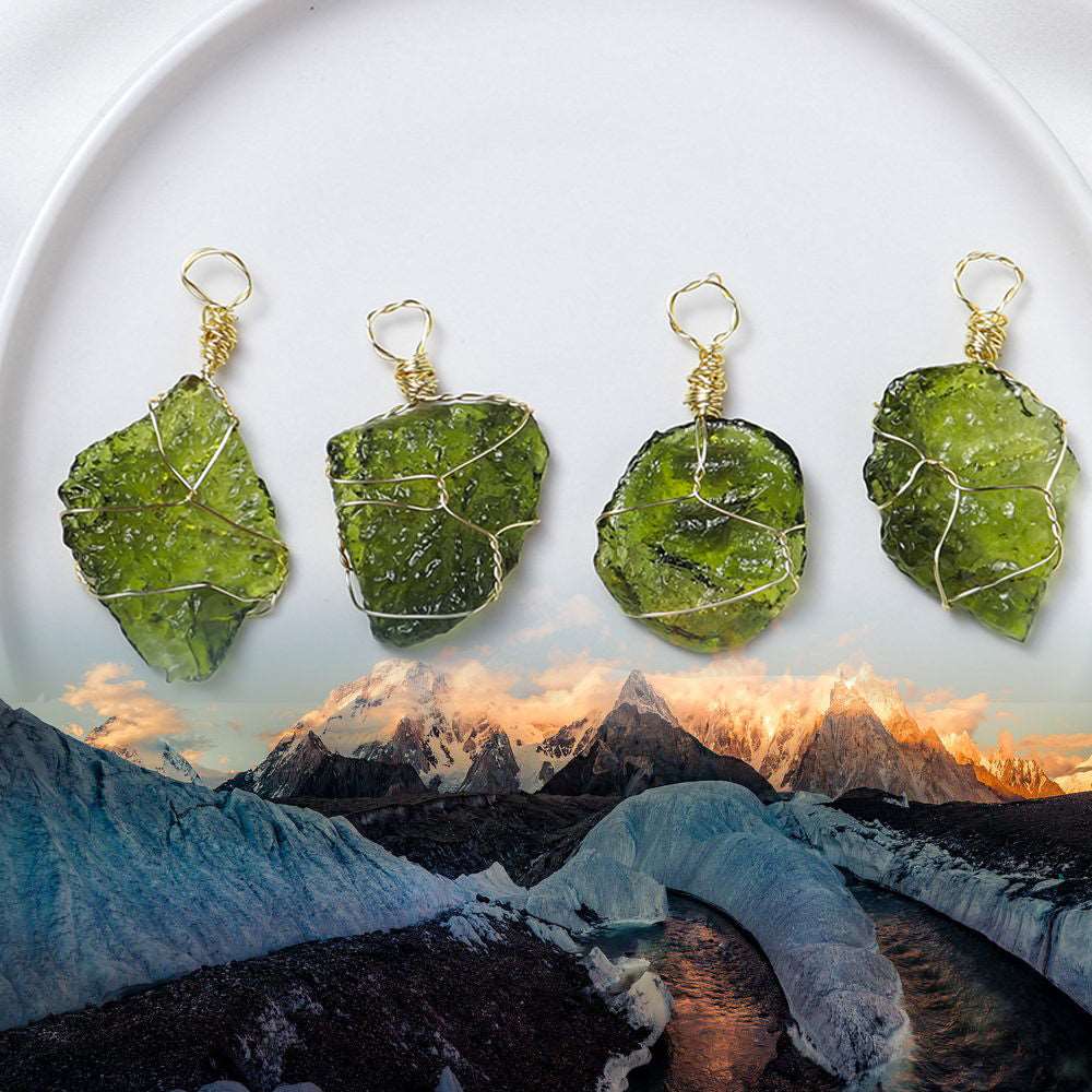 Himalayan Green Meteorite Pendant Necklace | Handcrafted Energy Crystal with Gold Wire Wrap