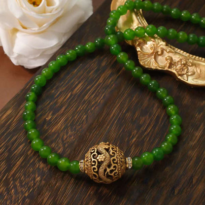 Natural Green Agate Dragon Totem Beads Necklace and Earrings Set | Himalayan Royal Style