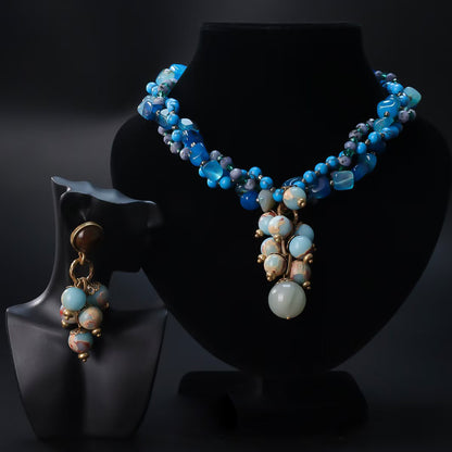 Natural Agate & Imperial Stone Tassel Necklace and Earrings Set | Regal Elegance