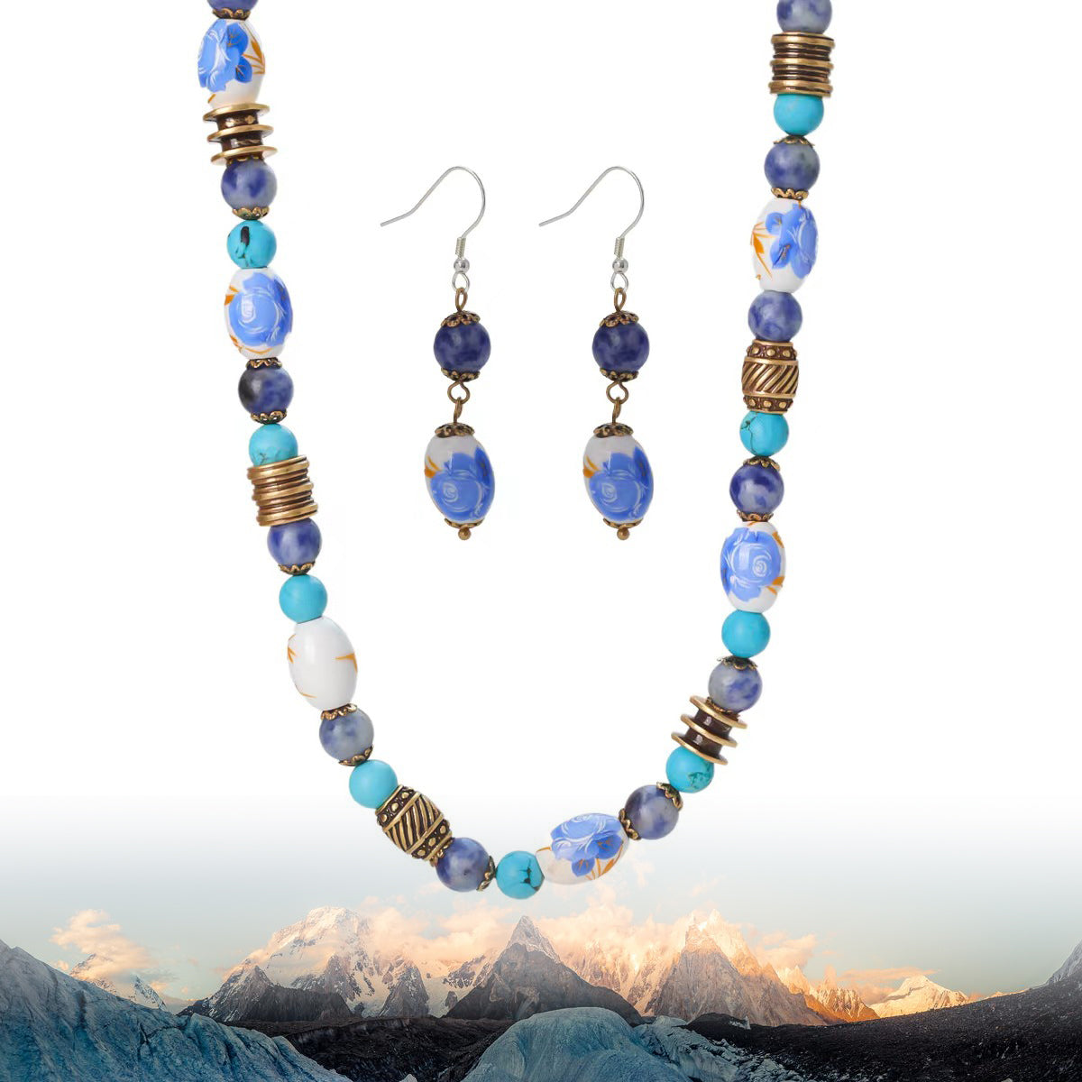 Blue-and-White Porcelain-Inspired Necklace & Earrings Set | Timeless Elegance