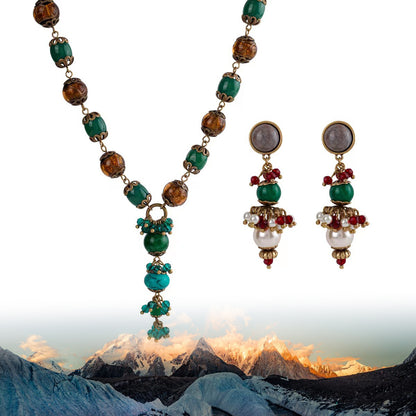 Agate, Glaze, and Turquoise Necklace & Earrings Set | Himalayan Royal Court Elegance