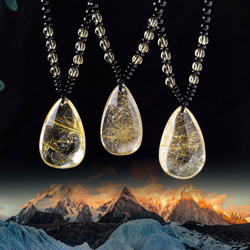 Natural Golden Rutilated Quartz & Obsidian Bead Pendant Necklace | Wealth Bowl Talisman