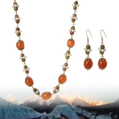 Natural Agate and Pearl Necklace & Earrings Set | Timeless Grace