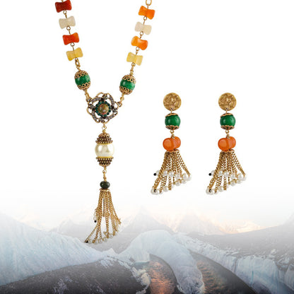 Handcrafted Natural Stone Tassel Necklace & Earrings Set | Timeless Elegance