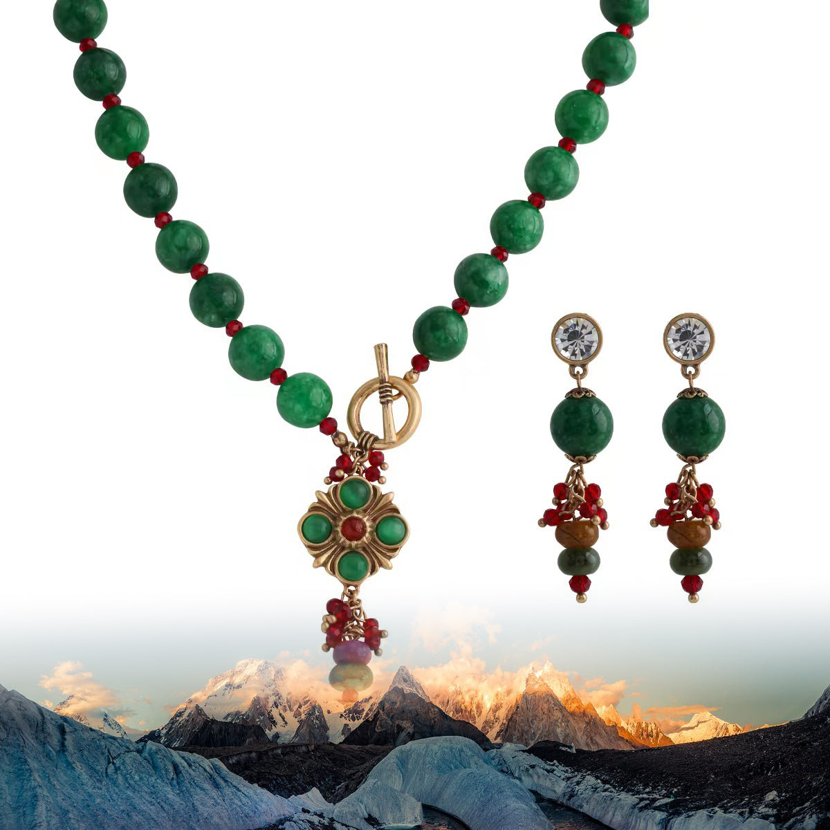 Himalayan Royal Green Agate Beaded Necklace & Earrings Set | Timeless Elegance