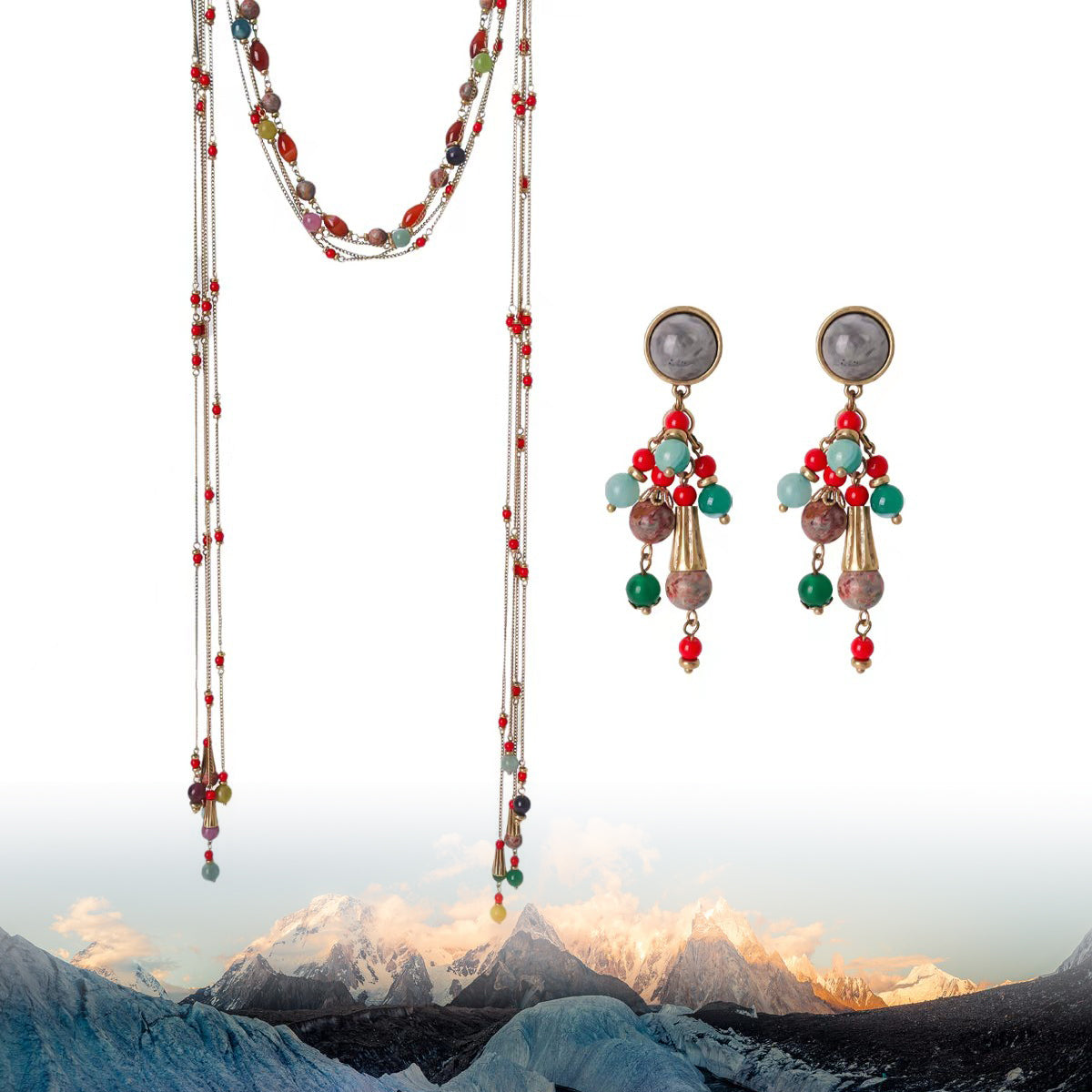 Natural Agate Beads Multi-Layer Long Tassel Necklace & Earrings Set | Himalayan Elegance