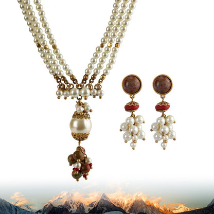 Multi-Layer Pearl & Gemstone Necklace and Earrings Set | Timeless Elegance