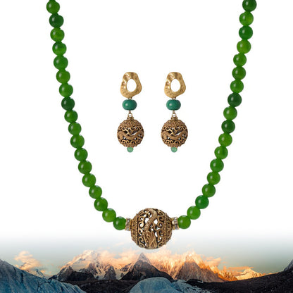 Natural Green Agate Dragon Totem Beads Necklace and Earrings Set | Himalayan Royal Style