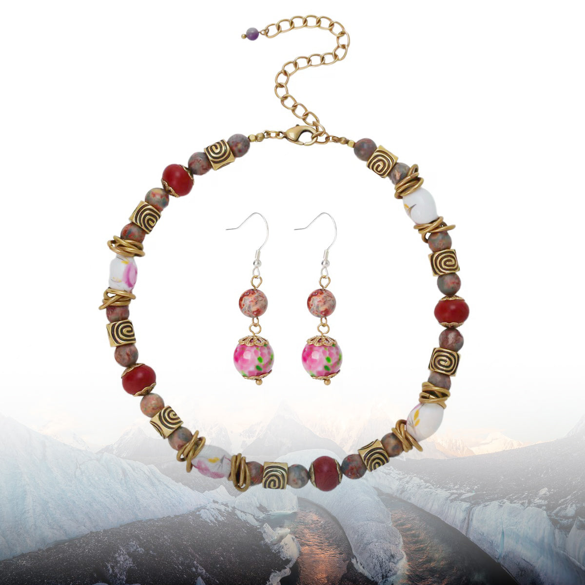 Himalayan Royal Ceramic & Natural Stone Necklace & Earrings Set | Timeless Craftsmanship