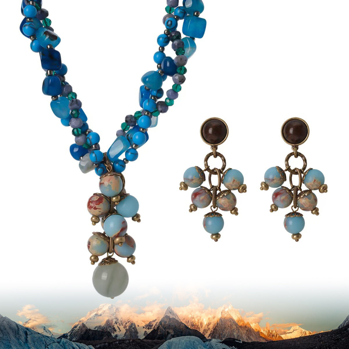 Natural Agate & Imperial Stone Tassel Necklace and Earrings Set | Regal Elegance