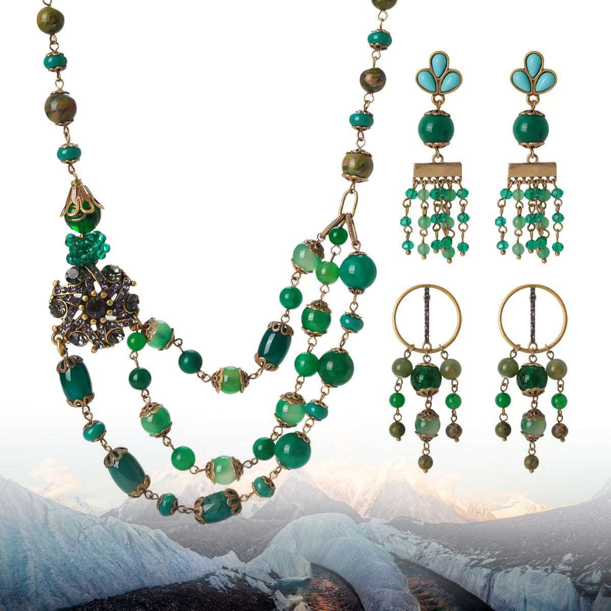 Vintage Gold Floral Necklace & Earrings Set | Emerald Agate with Sparkling Accents