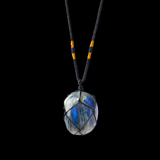 Handwoven Natural Labradorite Moonstone Pendant Necklace | Crystal Net Design