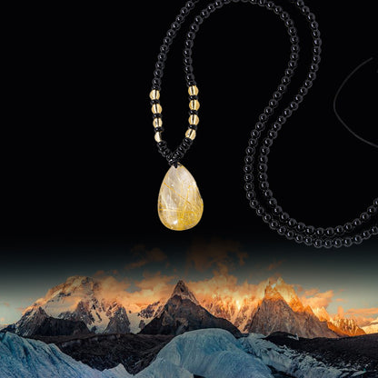 Natural Golden Rutilated Quartz & Obsidian Bead Pendant Necklace | Wealth Bowl Talisman