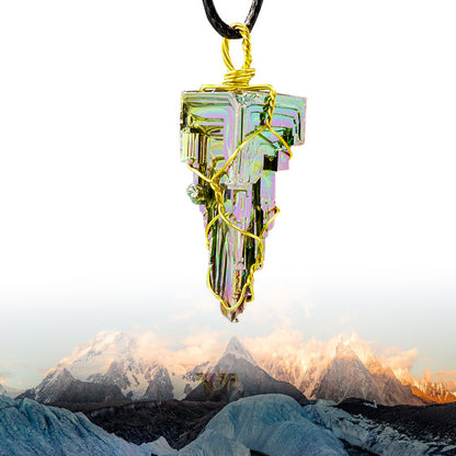 Natural Bismuth Crystal Pendant Necklace | Iridescent Rainbow Colors