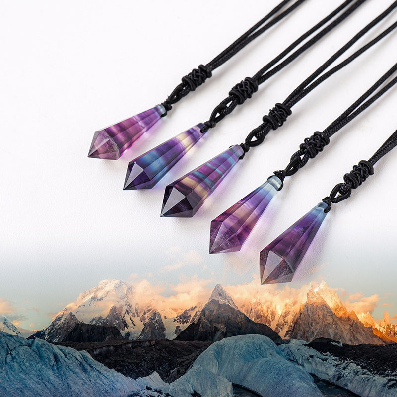 Himalayan Natural Rainbow Fluorite Cone Pendant Necklace