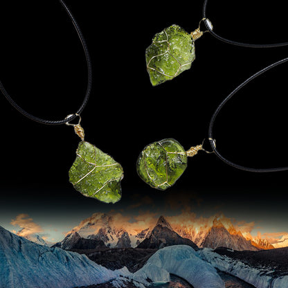 Himalayan Green Meteorite Pendant Necklace | Handcrafted Energy Crystal with Gold Wire Wrap